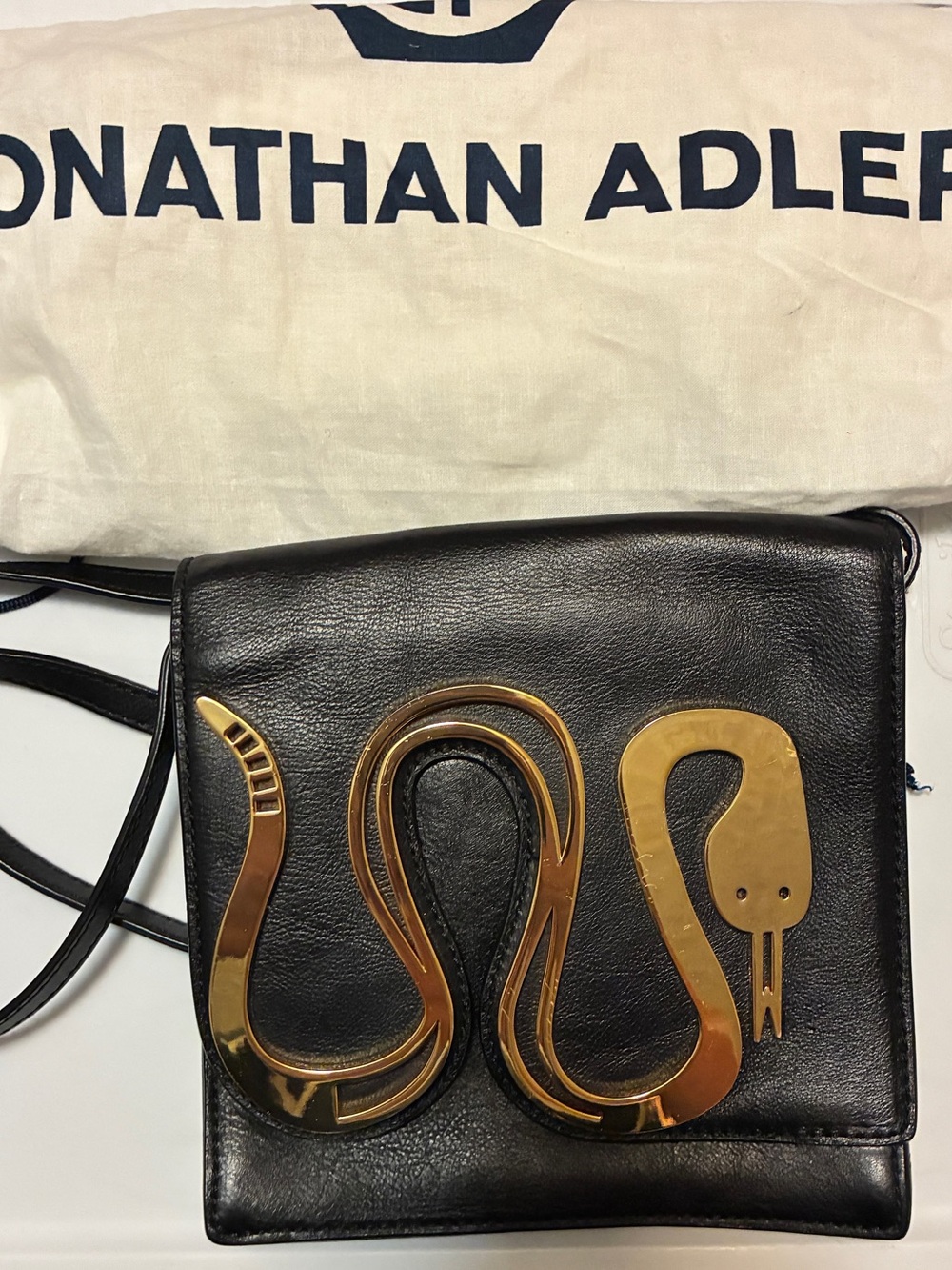 Jonathan Adler Black Leather Crossbody with Gold Snake Motif